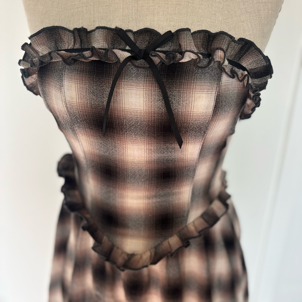 Kimchi Blue Strapless Plaid Midi Dress in Black and Cream - Picture 2 of 5